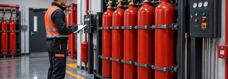 Technician inspecting a fixed CO₂ fire-suppression cylinder system