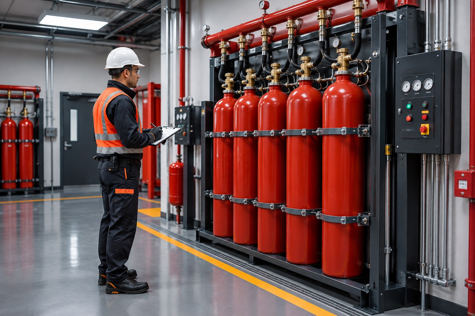Technician inspecting a fixed CO₂ fire-suppression cylinder system