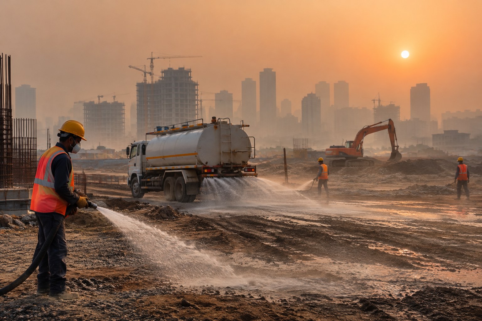 Dust-control measures at a Delhi-NCR construction site under GRAP Stage I